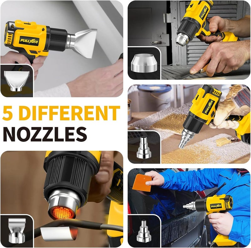 FULLYEA Cordless Heat Gun, Max 1022°F (550°C), Lightweight Hot Air Gun with 5 Nozzles & 2x4.0Ah Batteries, Portable Heat Gun Kit for Shrink Tubing, PVC Wrap, DIY Crafts (Yellow) - Image 5
